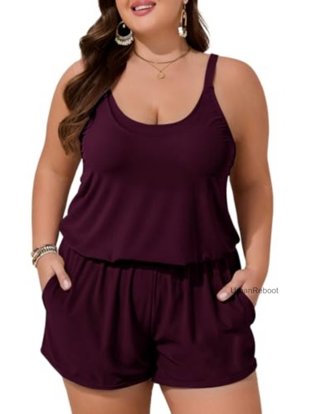 Plus Size One Piece Swim Romper with Pockets Boy Shorts Bathing Suit